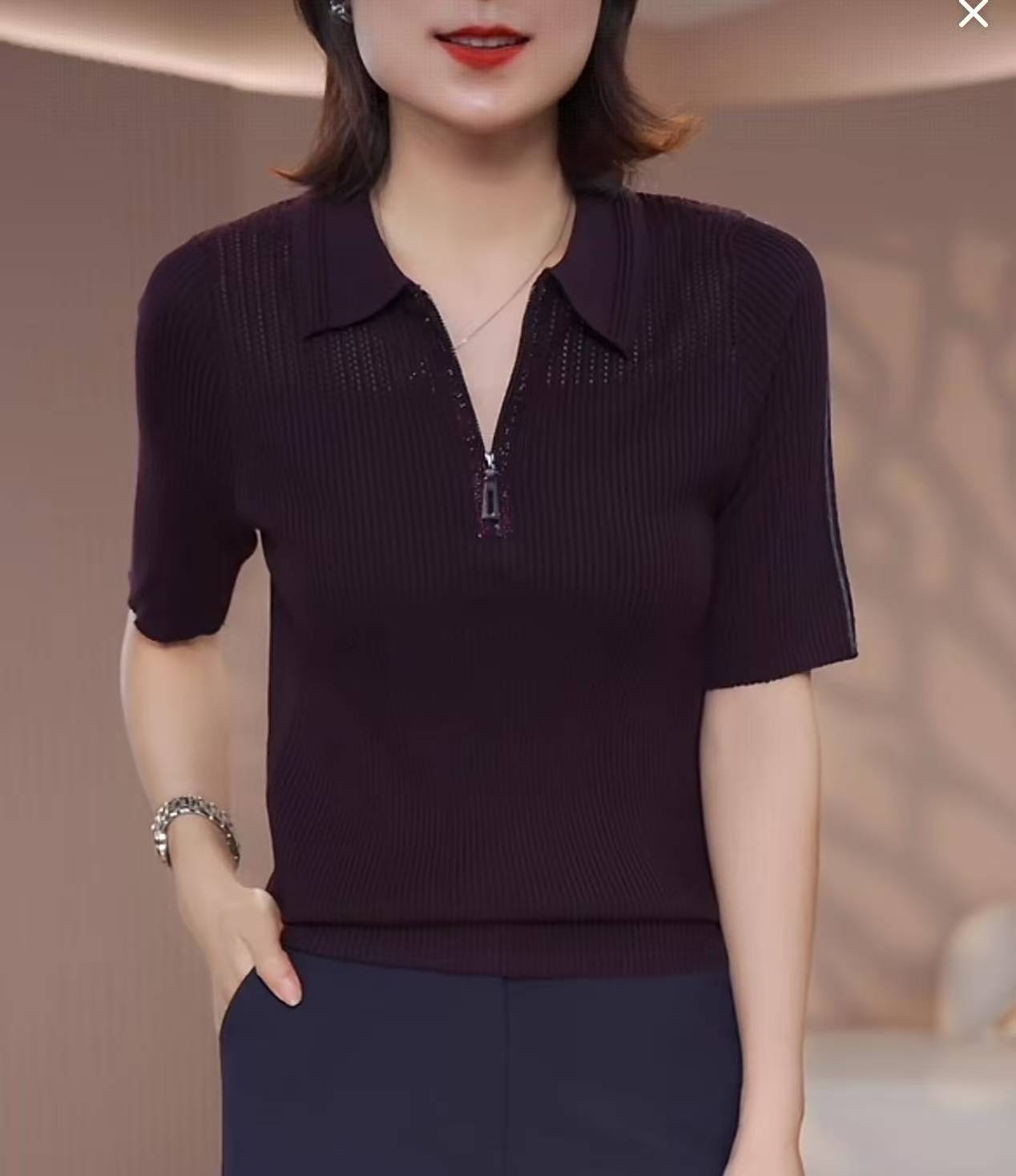 2025秋季新款正肩短袖女半拉链上衣25039