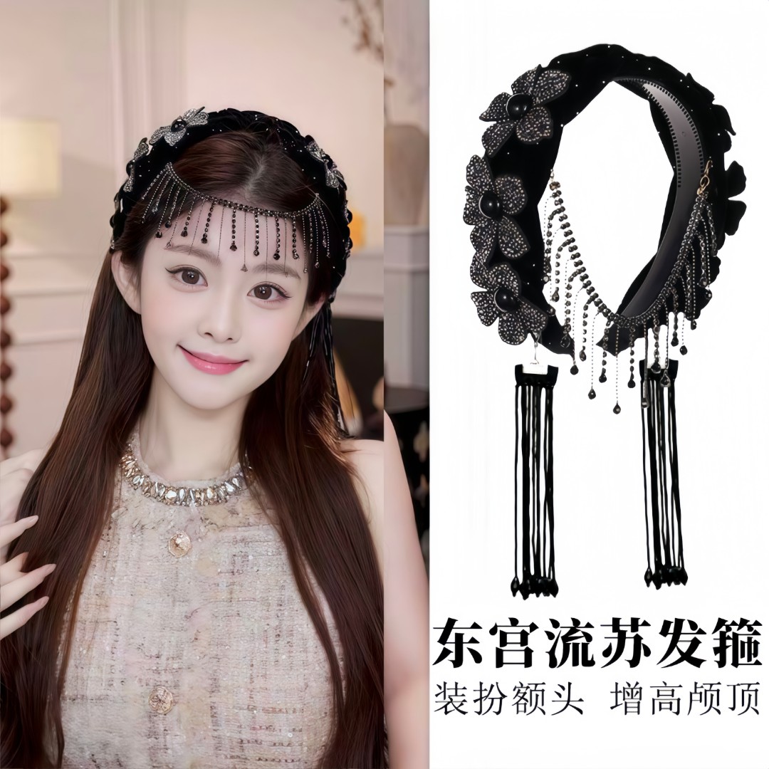 东宫发箍宽边遮发缝立体花朵编织丝绒发饰流苏闪钻异域风情压发箍