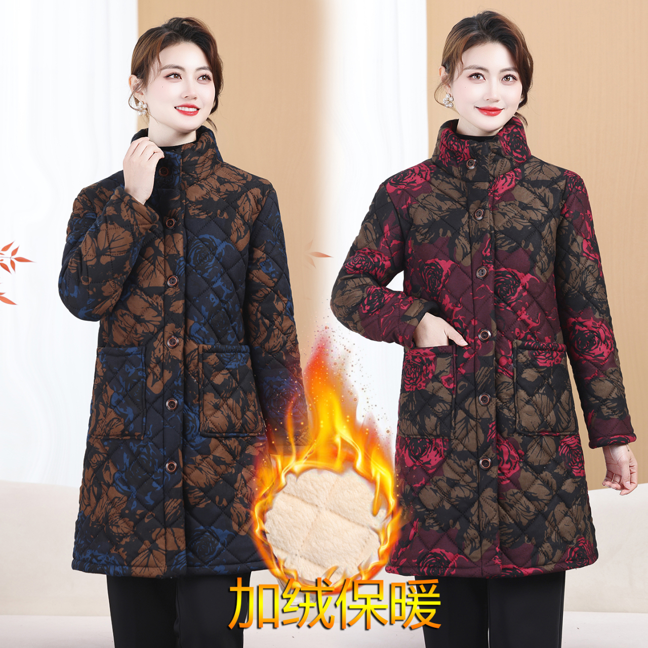 立领洋气妈妈这两款棉袄加绒加厚保暖时尚中老年棉衣外套妈妈装