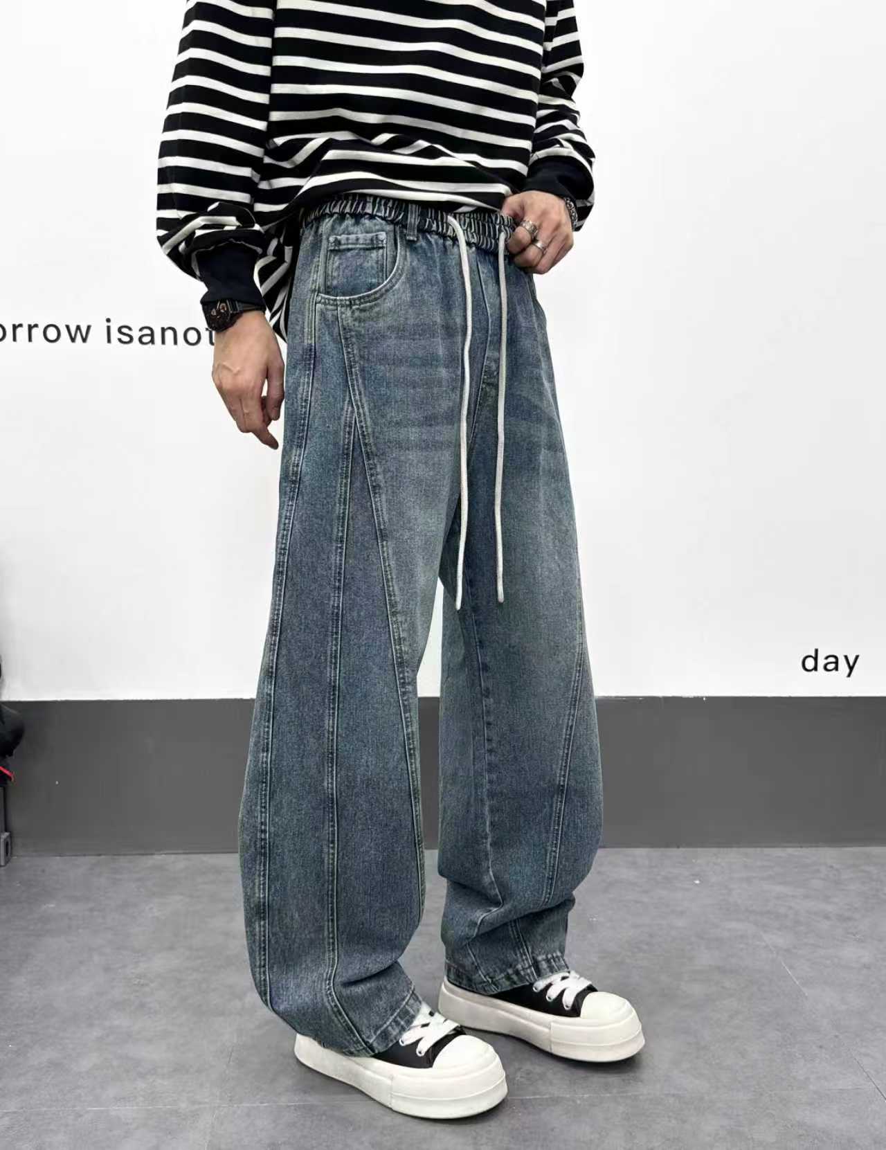 大码男长裤微弯刀秋冬牛仔裤潮流ins休闲做旧宽松水洗版2533