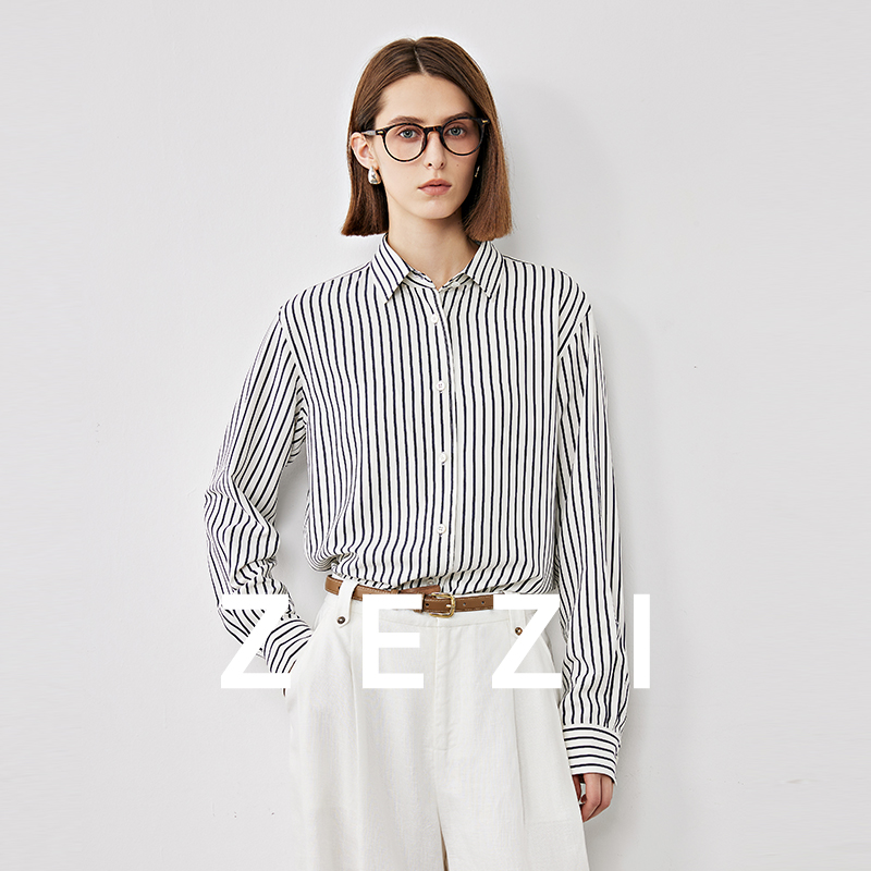 ZEZI【冯超专属】桑蚕丝条纹衬衫翻领长袖衬衫挺括有型显瘦Z12C479S