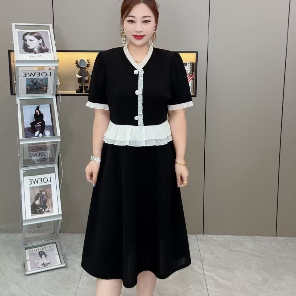 时尚纯色连衣裙2024新款韩版胖妹妹假俩件修身显瘦中长款a字裙