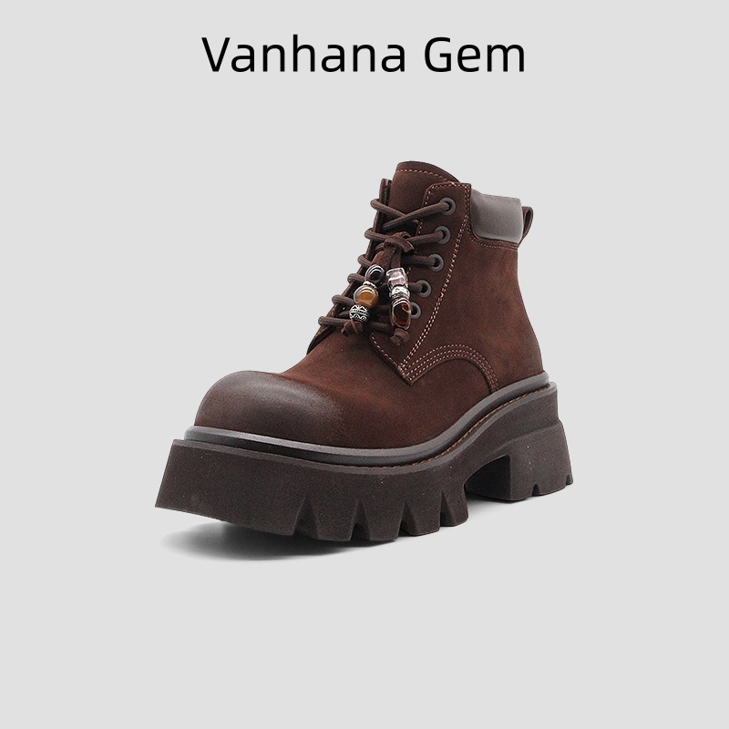 VANHANA GEM 2025新款系带牛皮潮酷马丁靴女英伦风复古短筒靴