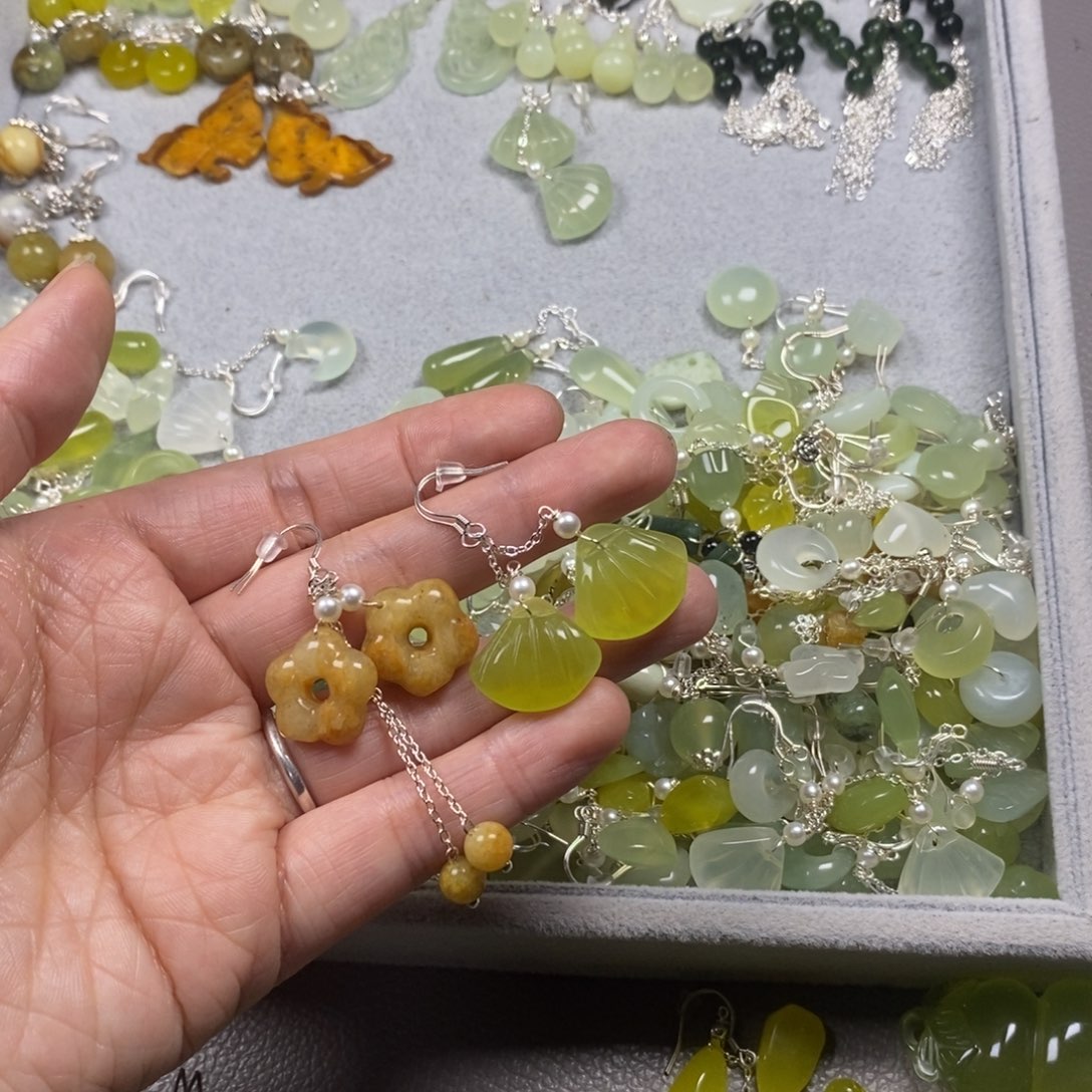 春****蛇纹石玉银S925镶嵌挂件耳饰耳环项链