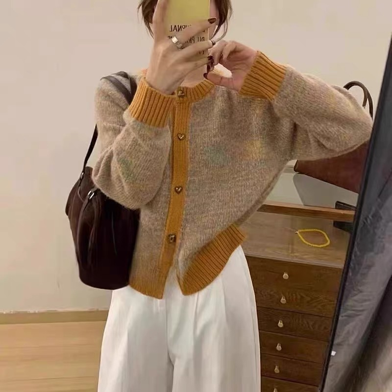 慵懒风圆领女千金风法式毛针织衫开衫百搭毛衣网红软糯小香风外套