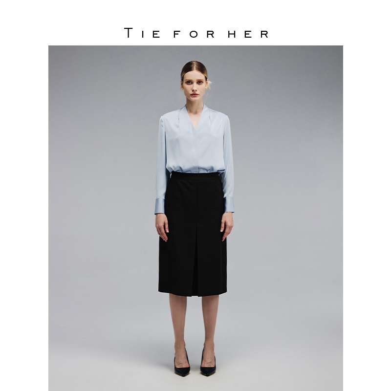 TieForHer V领设计感肩部堆褶优雅气质简约通勤长袖衬衫女