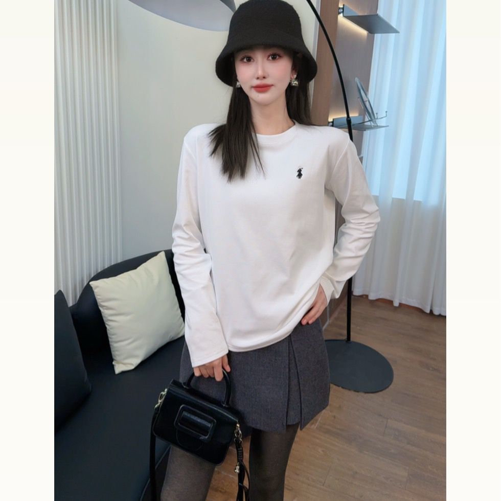 【大霏二店】叠穿必备刺绣圆领百搭打底衫白色长袖t恤内搭上衣