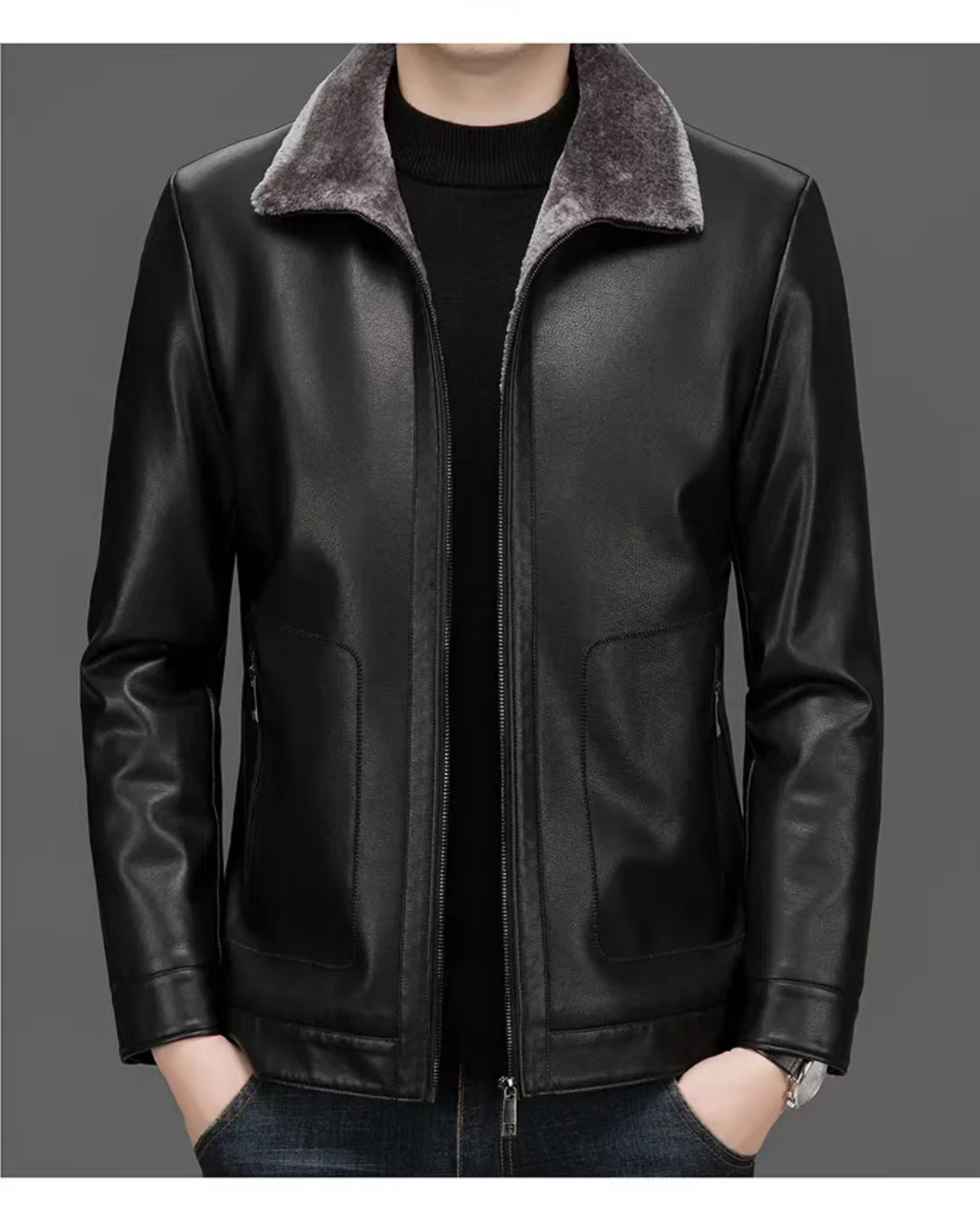 海宁皮衣加绒加厚时尚秋冬季商务加绒男士中年爸爸商务皮衣8037