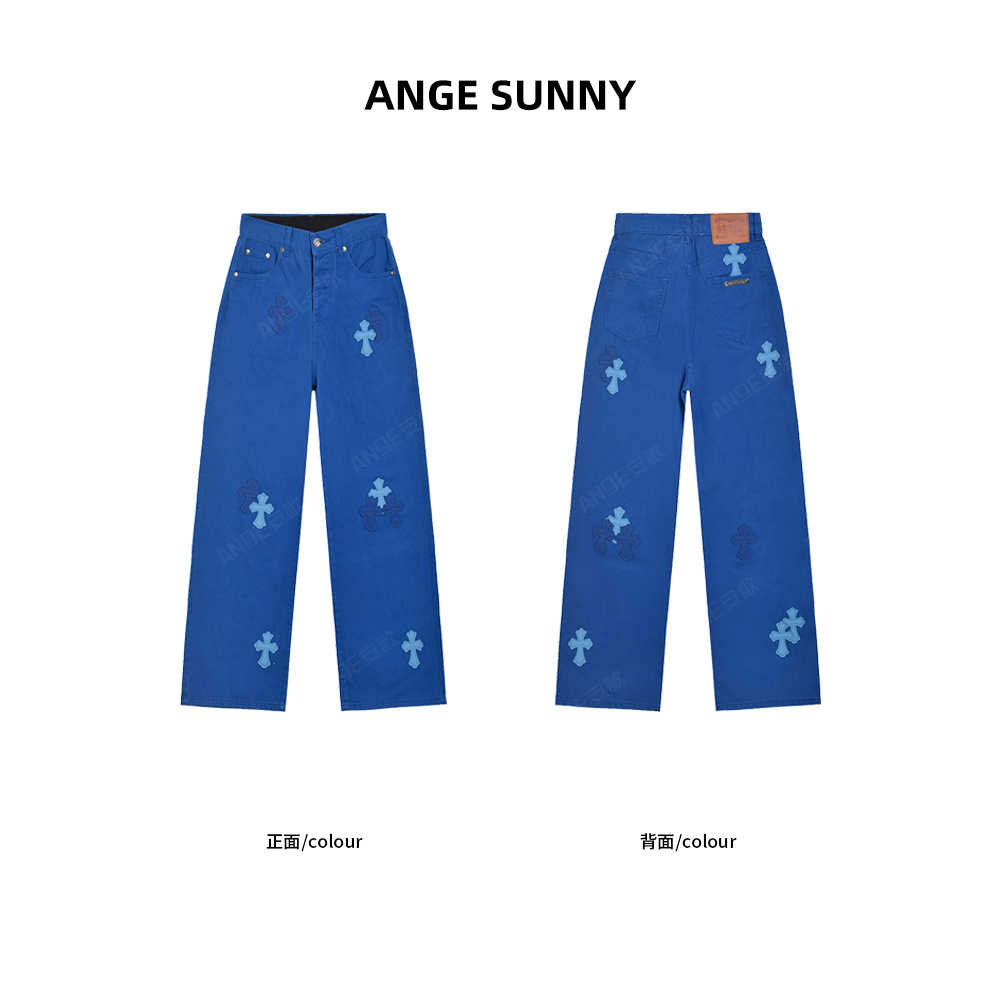 ANGE SUNNY【十字标蓝色牛仔裤】克罗风高腰直筒牛仔裤宽松时尚
