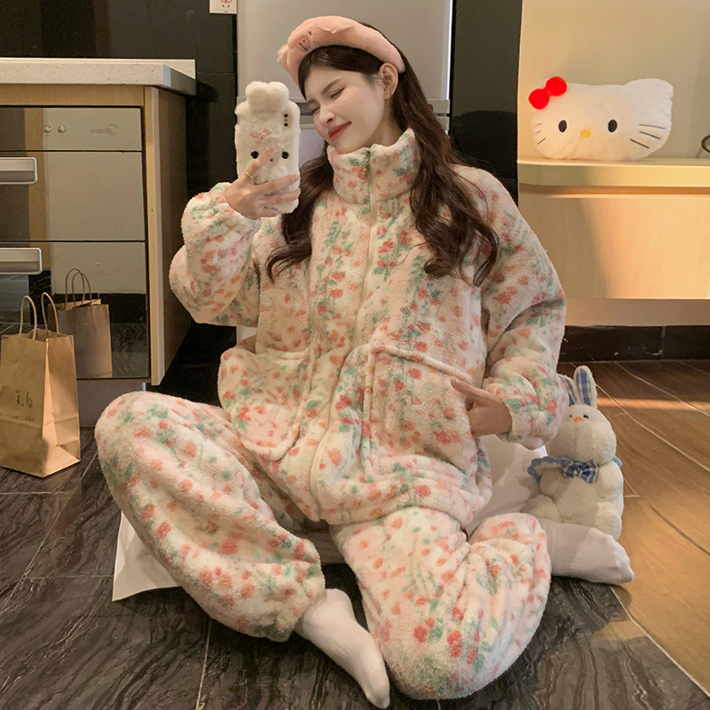 珊瑚绒睡衣女加绒加厚拉链甜美秋冬季新款家居服网红套装