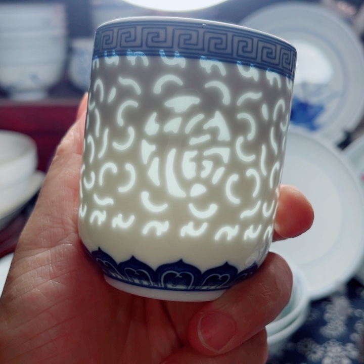 青花玲珑可乐杯满雕