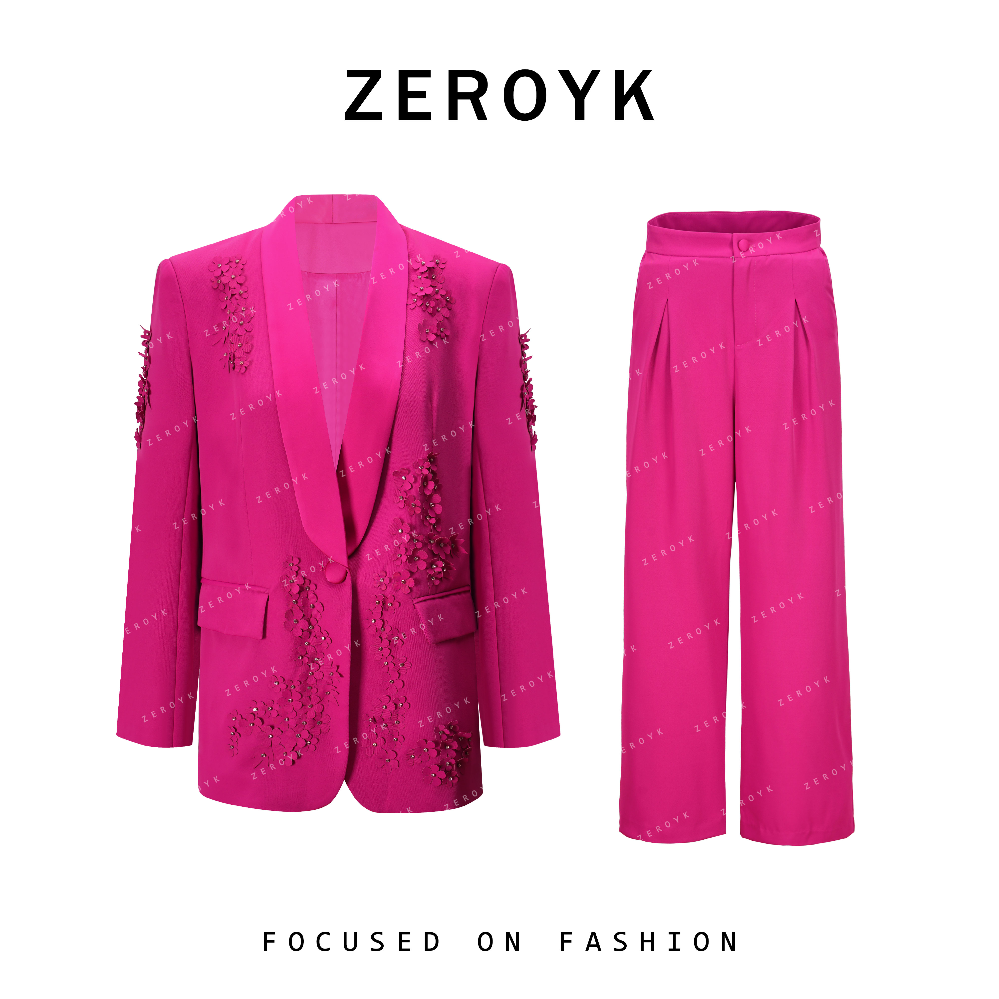 ZEROYK翎蔻 轻奢优雅风职业套装高级感花朵西服长裤通勤两件套