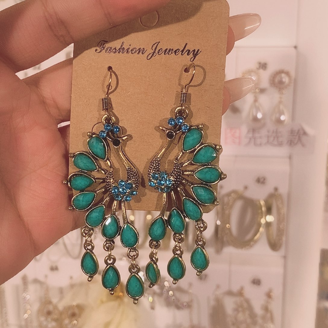 锆石纯铜合金孔雀耳饰耳环女气质高雅