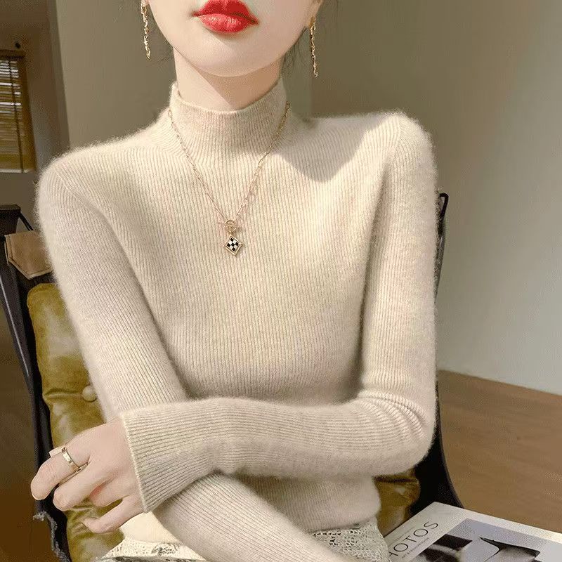 秋冬半高针织衫修身打底女款套头毛衣381-99