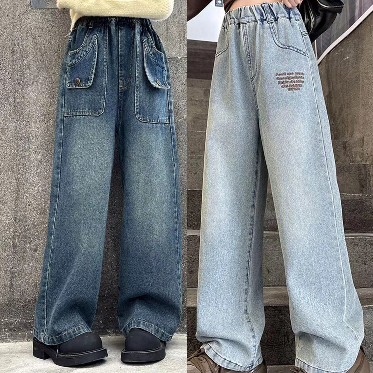 2025女童加绒牛仔裤冬季儿童直筒阔腿裤一体加绒女中大童牛仔裤