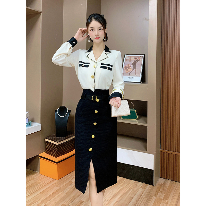 芙娜妮法式设计感长袖黑白时尚小香风收腰显瘦2025两件套F2330707
