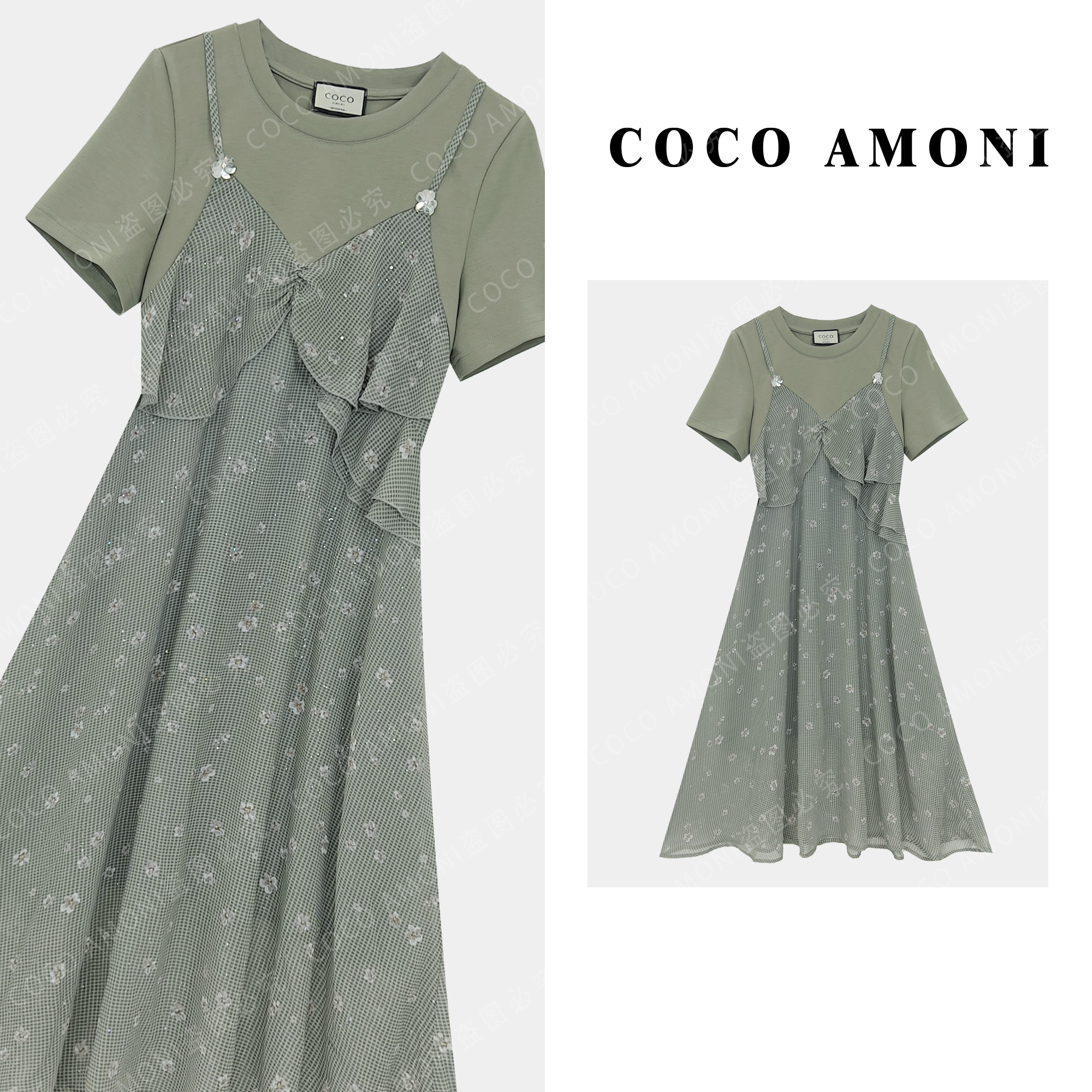 夏日新款高级设计师定制女装拼接碎花假两件显瘦气质连衣裙ZC778