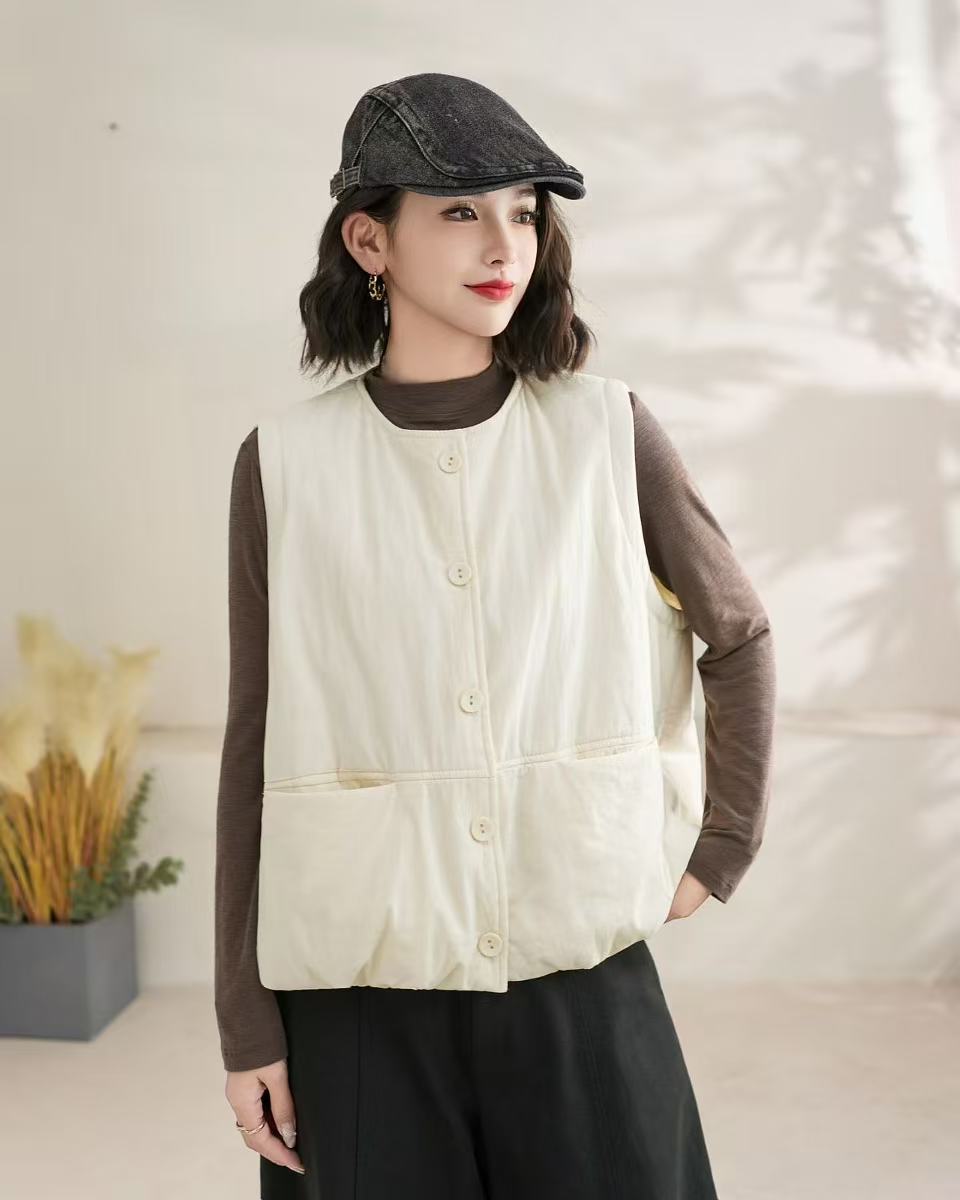 2025新款时尚加厚女装秋冬季加棉马甲宽松圆领纯棉无袖纯色百搭
