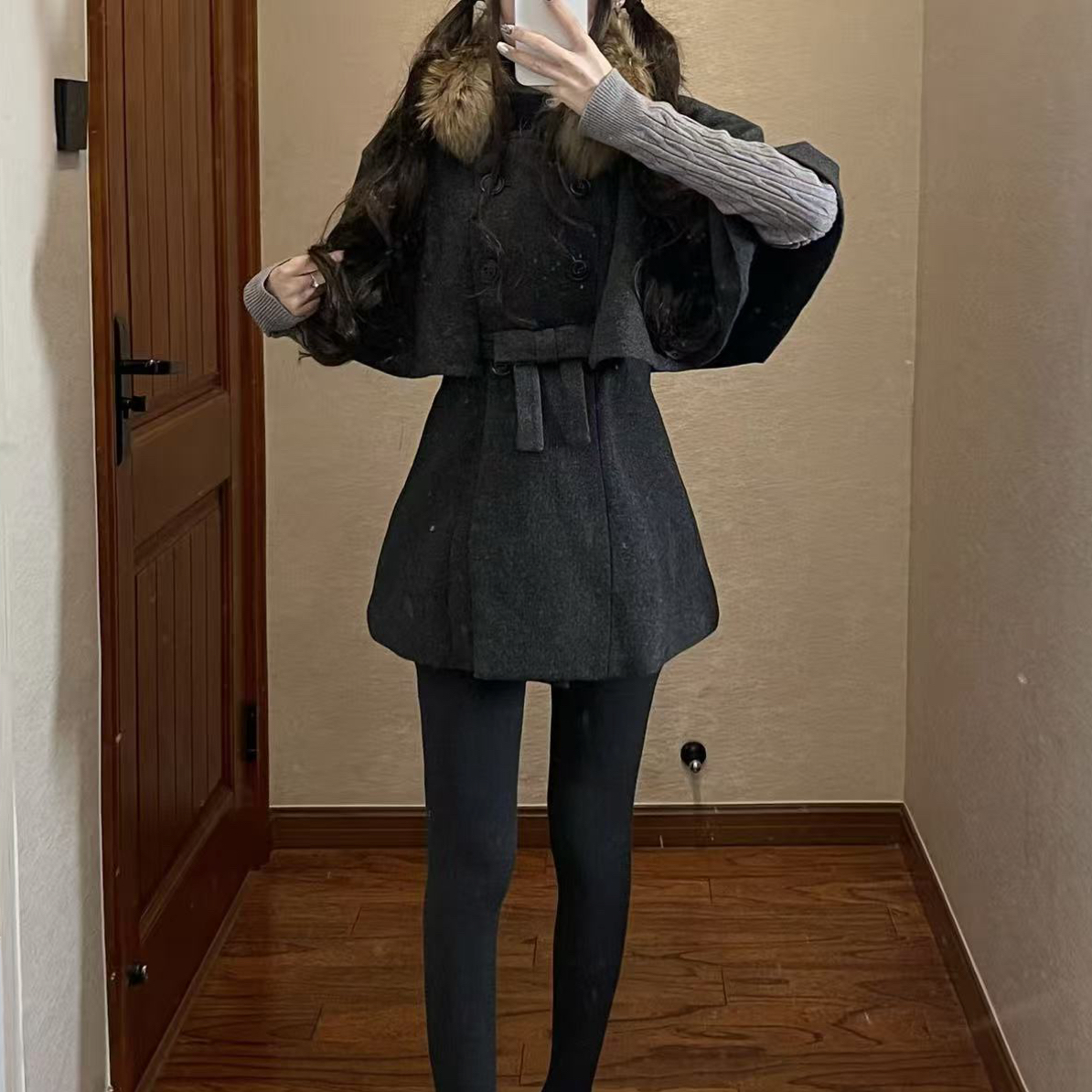 恋爱日记 Lo 毛领深灰色呢大衣女冬季千金风外套秋冬