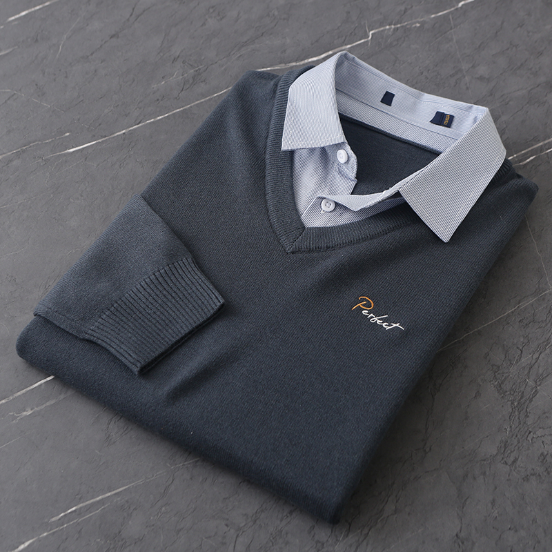 HS99剪标秋季男士长袖翻领假两件针织衫纯色舒适亲肤休闲毛衣男