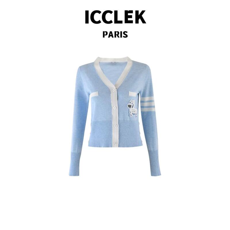 ICCLEK 蓝色腊肠狗V领长袖针织开衫 气质 轻奢 名媛 -3011