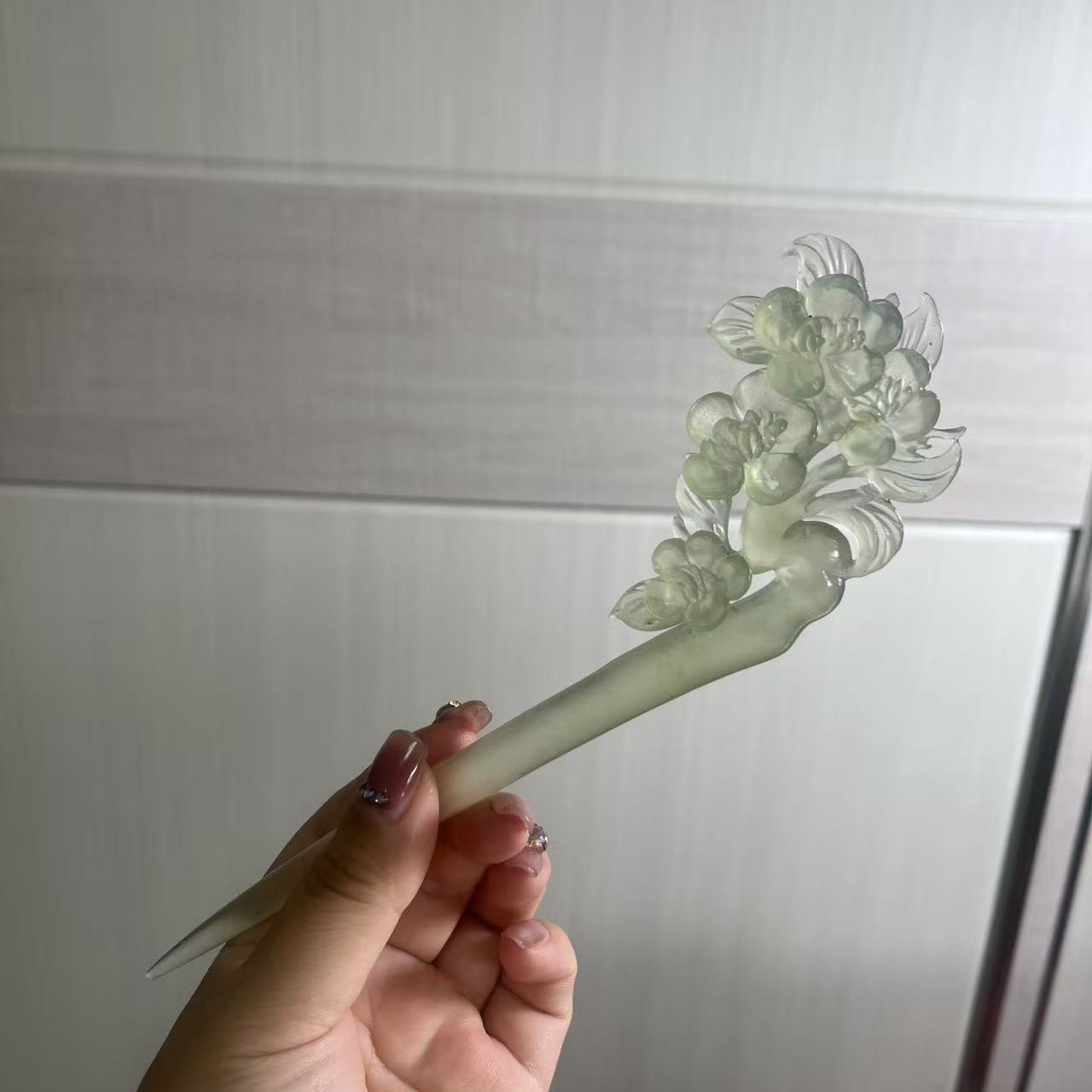 岫玉绿色白冰玉簪