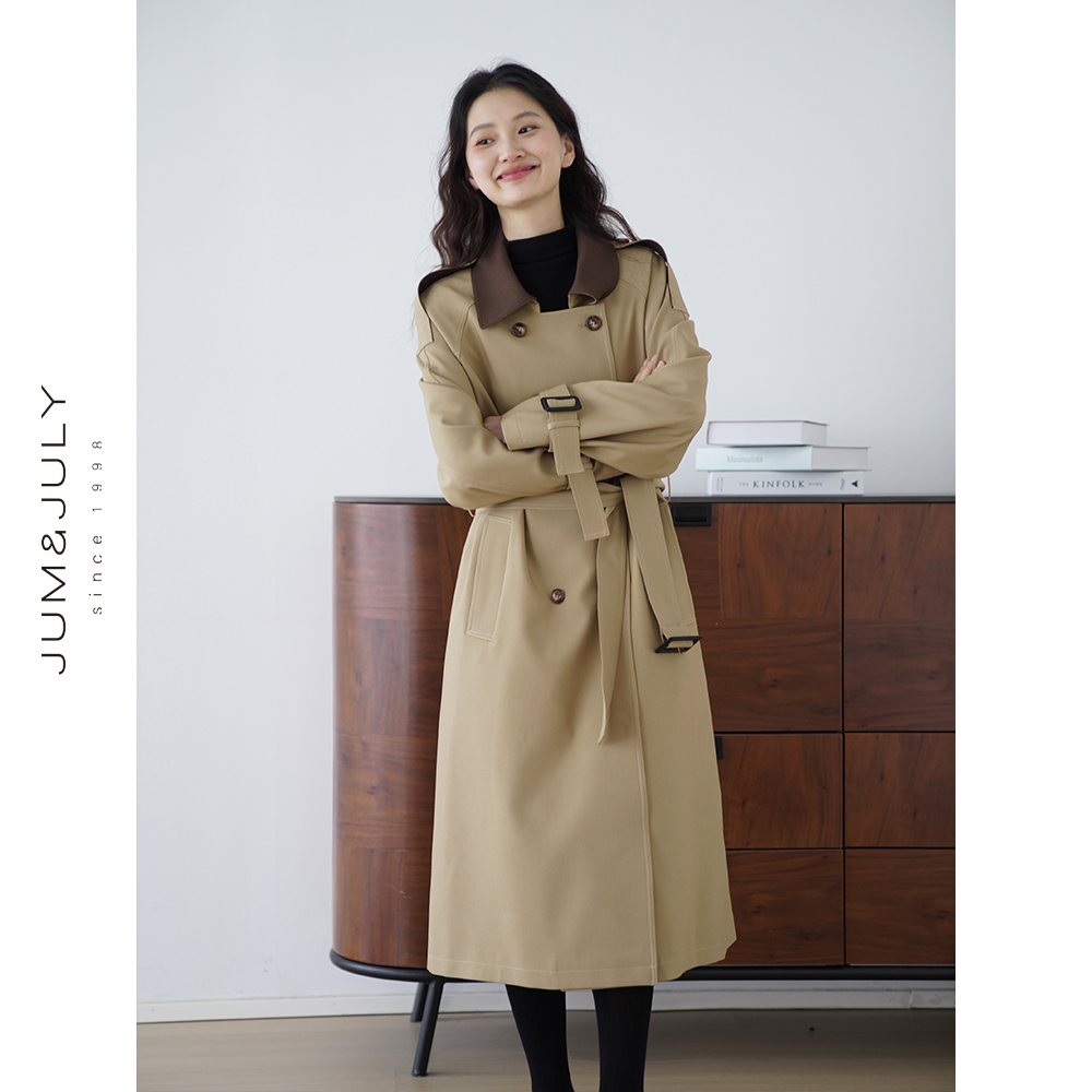 嘉茱莉韩版长款插肩袖风衣女2025秋季新款双排扣通勤休闲外套F879