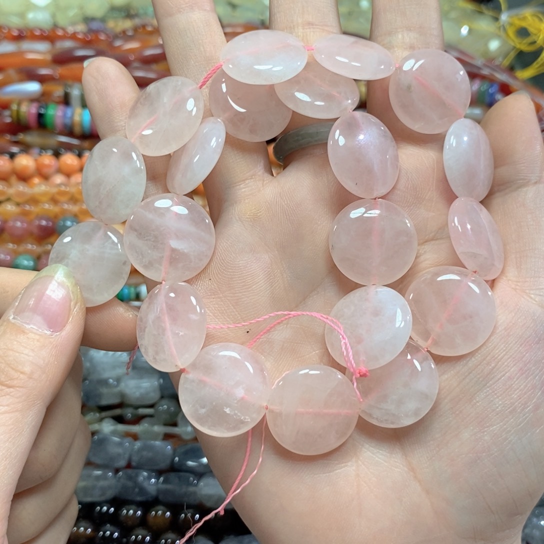 玛瑙/玉髓未镶嵌珠宝半成品粉晶圆饼一条卡20mm