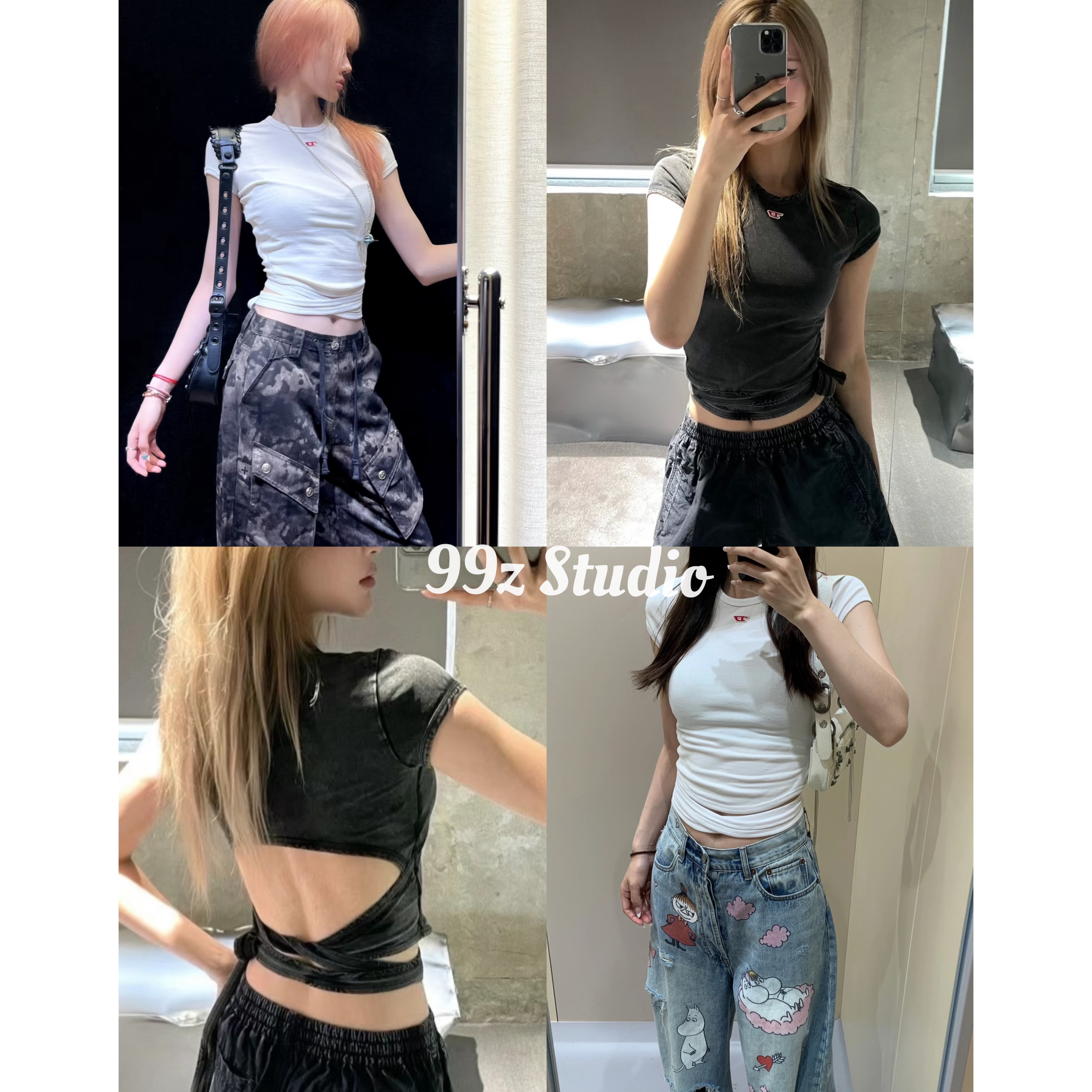 【99z Studio】绑带辣妹小D字母标露腰性感修身短袖T恤