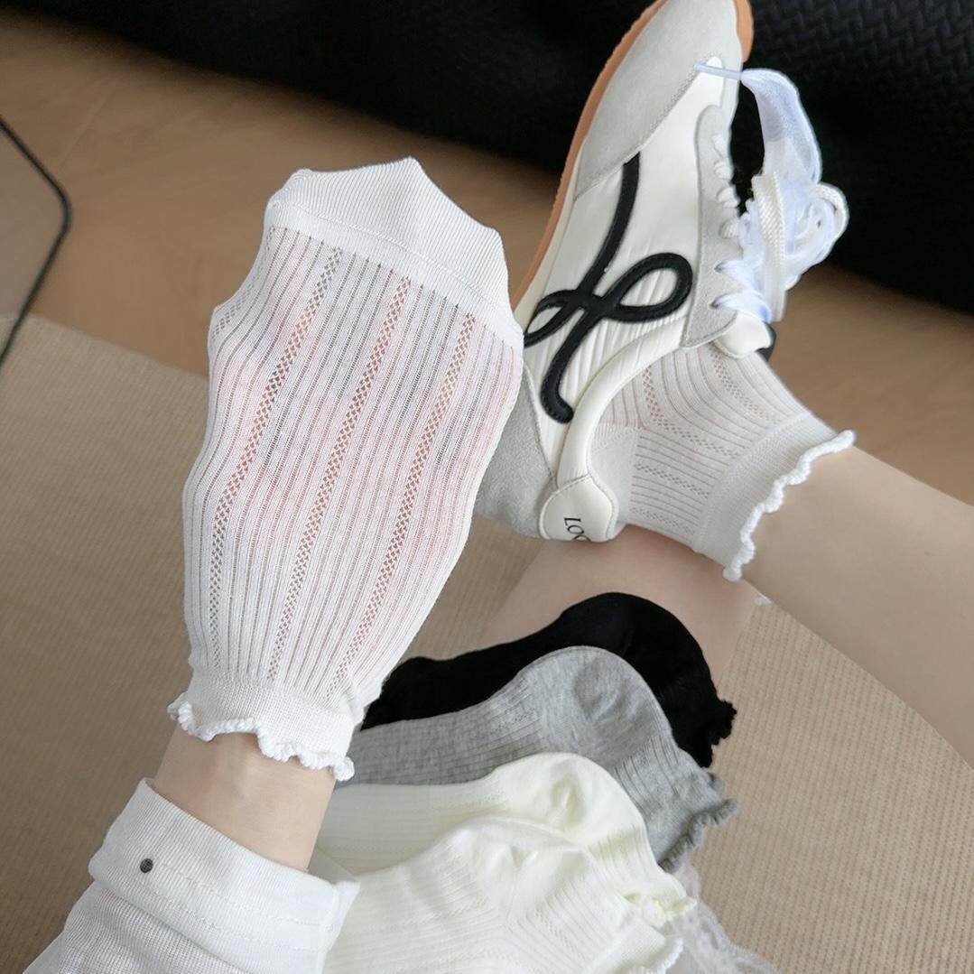 白色袜子女短袜纯色网眼透气春夏季薄款学生日系简约短筒花边袜子