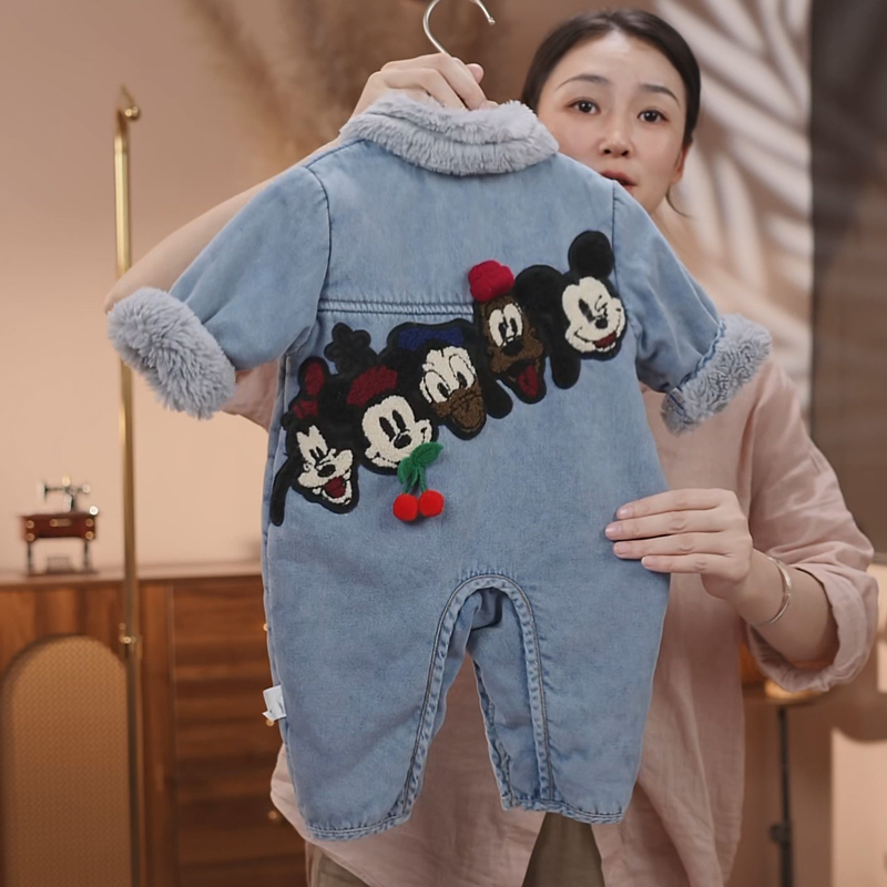 婴儿冬季衣服男女宝宝可爱超萌牛仔米奇连体衣冬装加绒加厚外出服