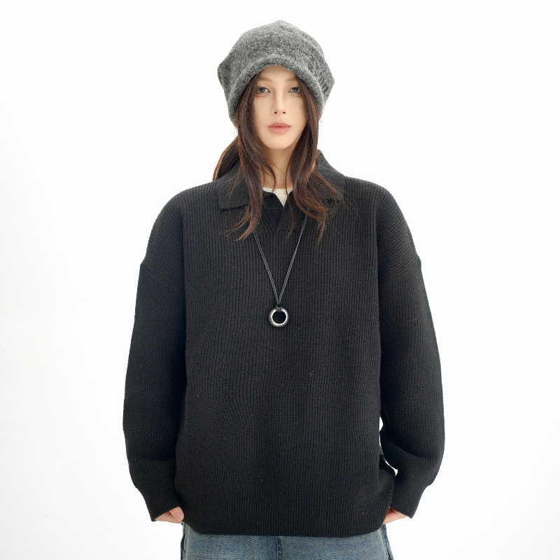 秋冬重磅海鸥领毛衣百搭休闲宽松潮流宽松长袖日系复古纯色衬衫