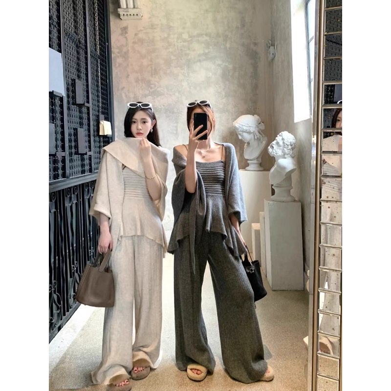 针织套装女秋季慵懒风披肩开衫吊带抹胸内搭阔腿休闲裤三件套冬