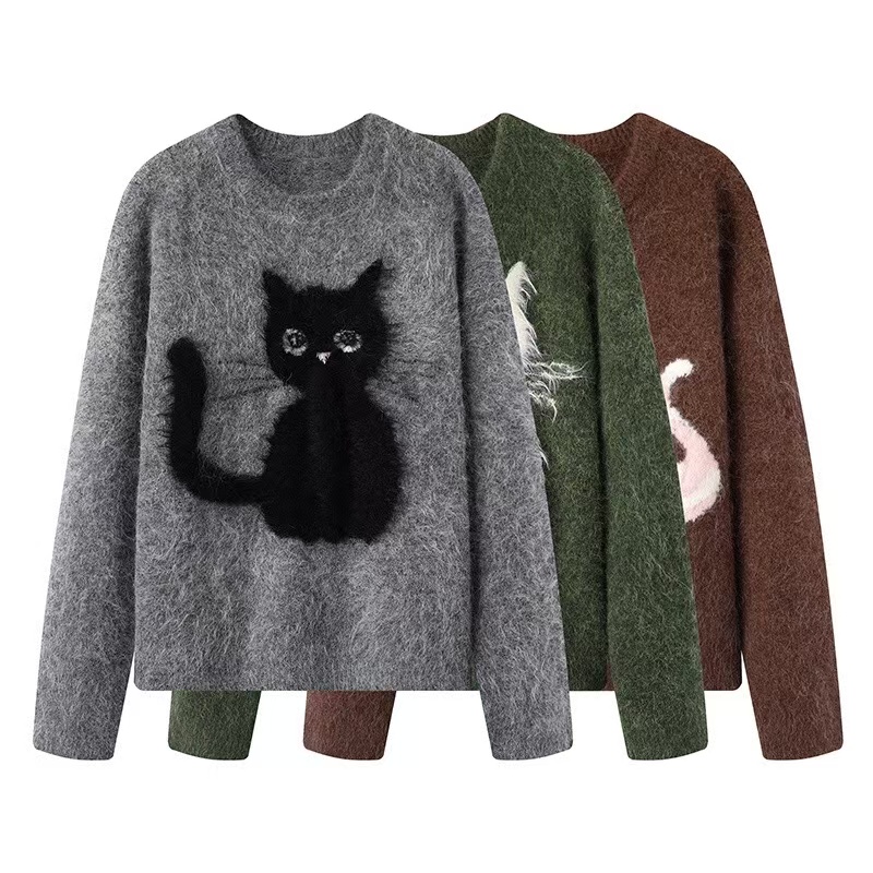 KS 4469-2024冬季新款百搭宽松卡通猫咪提花套头针织衫毛衣女