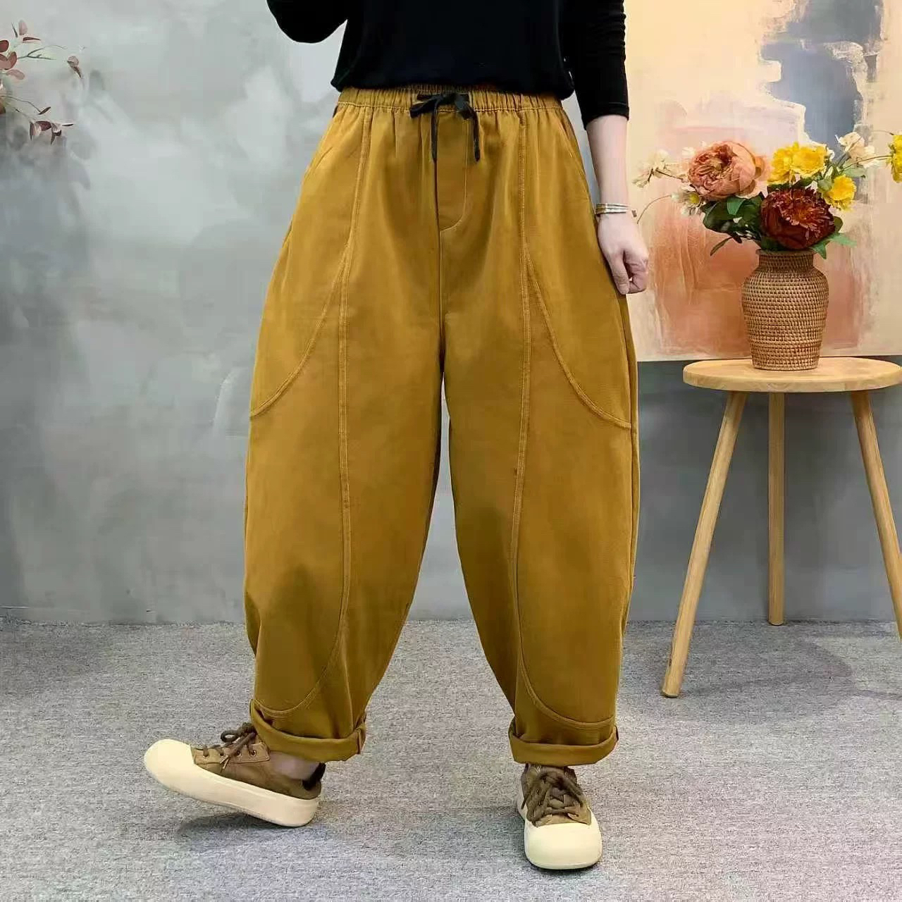 6009  新款斜纹彩色牛仔棉宽松哈伦休闲裤腰70/110臀围126裤长93