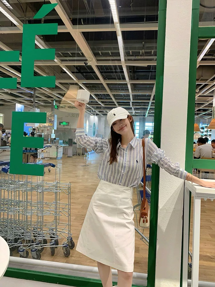 微胖mm时尚百搭慵懒宽松显瘦气质高级感条纹长袖衬衫上衣女