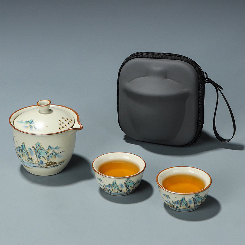 高颜值便携式汝窑旅行茶具适合女士户外泡茶使用