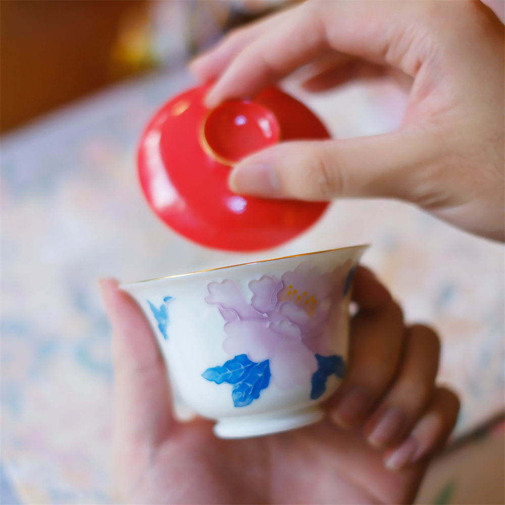 大碗茶器【堆雕牡丹】有田烧手绘二才盖碗中式手绘防烫泡茶125ml