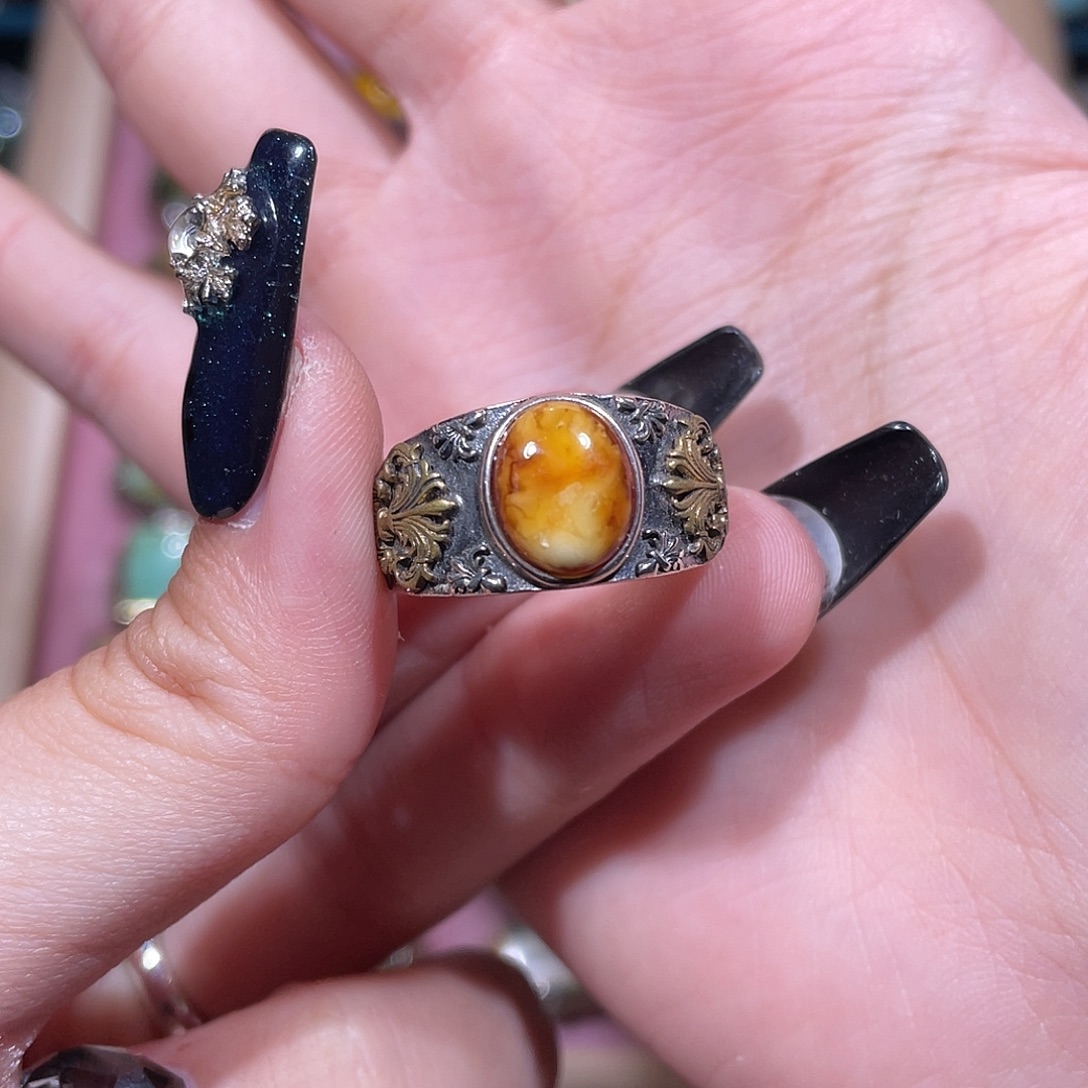琥珀银S925镶嵌戒指