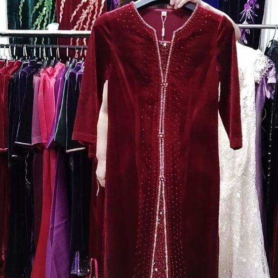 燕***格酒红色金丝绒重工手工穿珠假两件款两侧开叉连衣裙xl