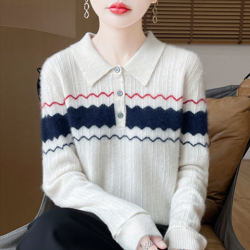 高级感纯羊绒衫女25秋冬新款POLO领加厚学院风波浪纹间色上衣
