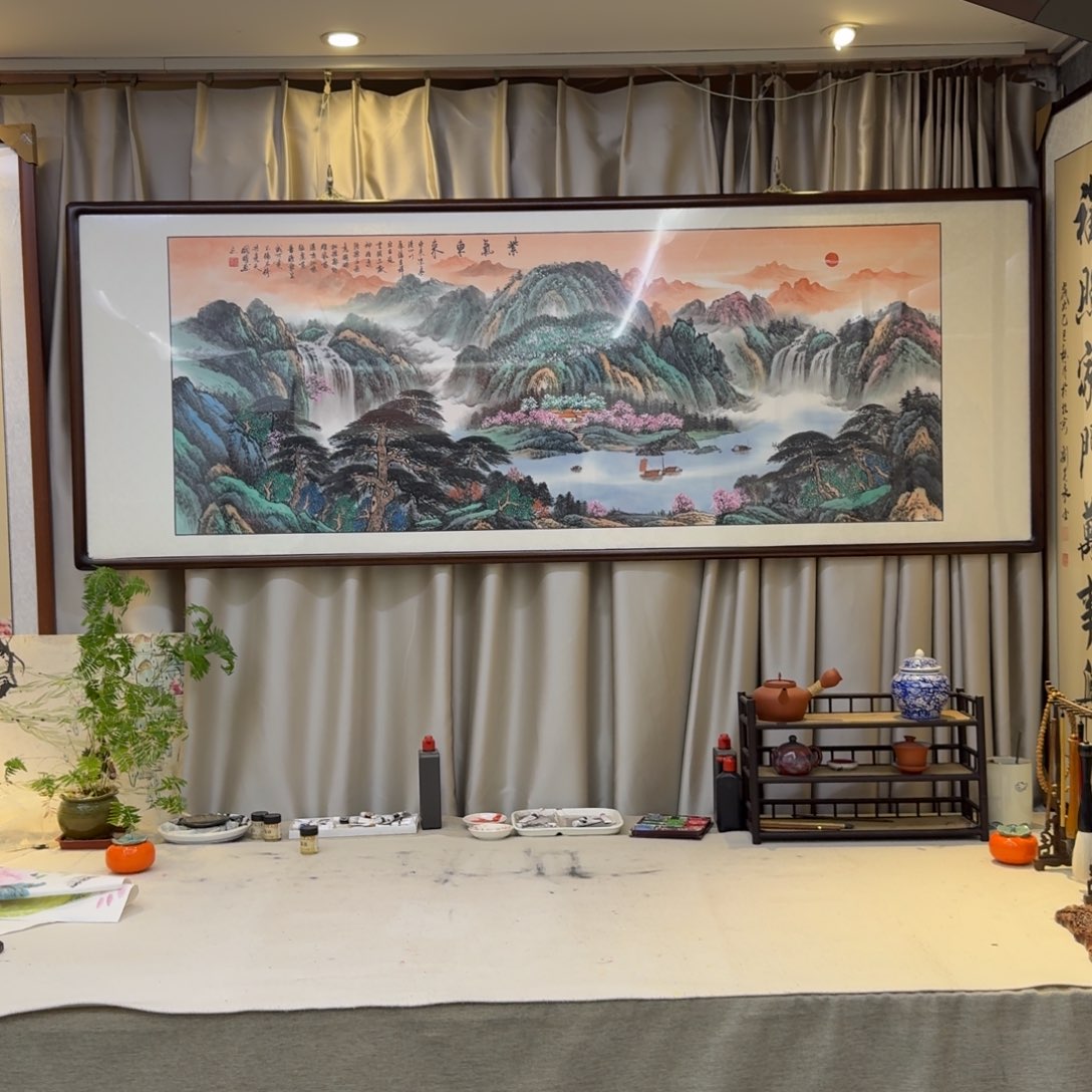 国画紫气东来六尺成品画框225×85