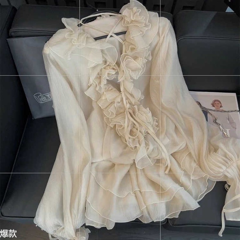 法式立体花朵荷叶边长袖衬衫女装仙气网纱温柔风系带灯笼袖小衫潮