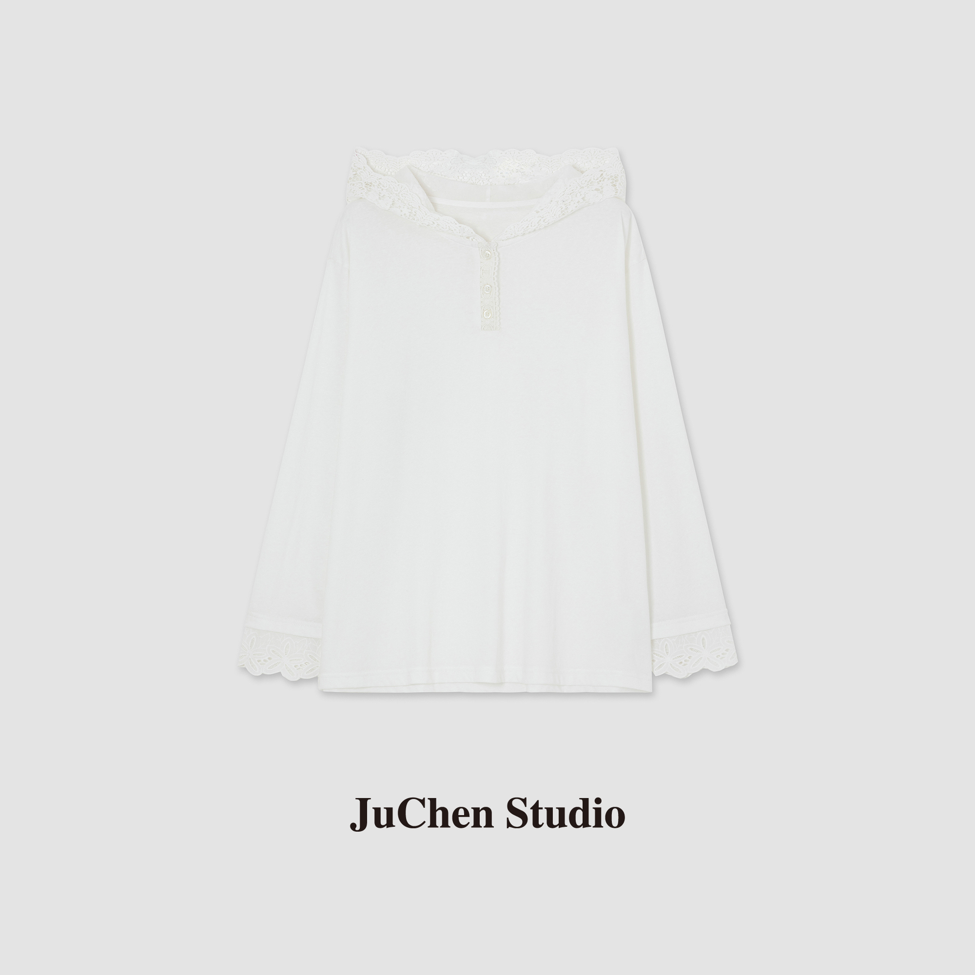 浮雕花边洛可可 蕾丝刺绣拼接春夏空调房连帽长袖T恤SS023744