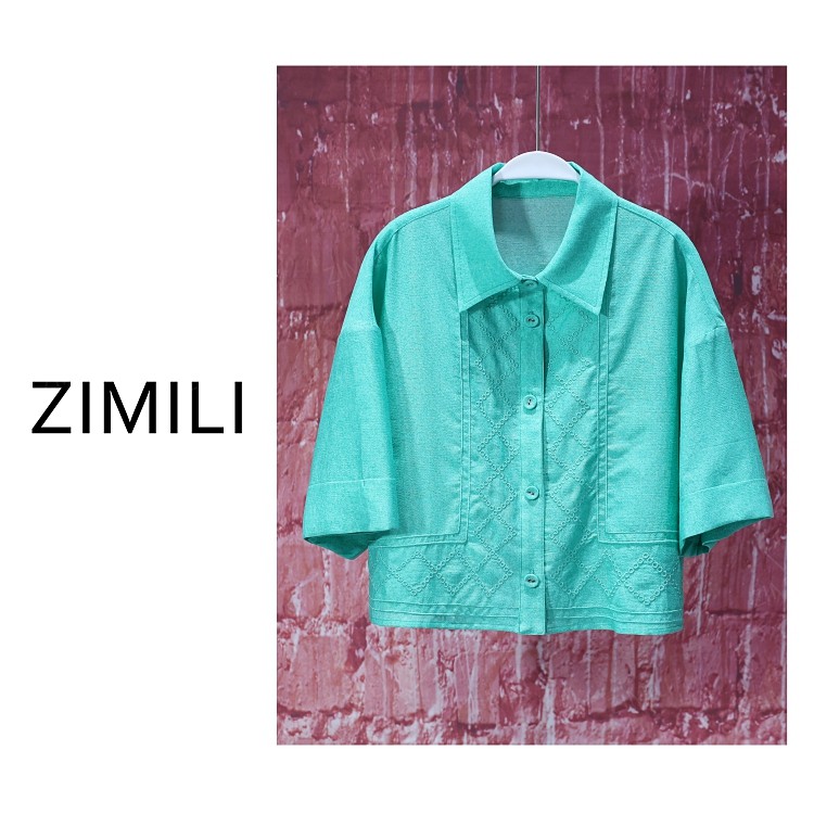 【亮哥女装】2025欧版时装周海洋绿绣线时尚气质衬衫短袖9735-Z1