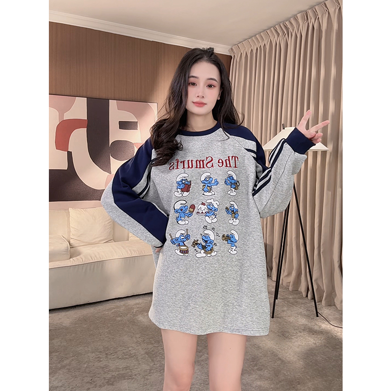 九宫格蓝精灵宽松卫衣女长袖新款潮流大码百搭设计感