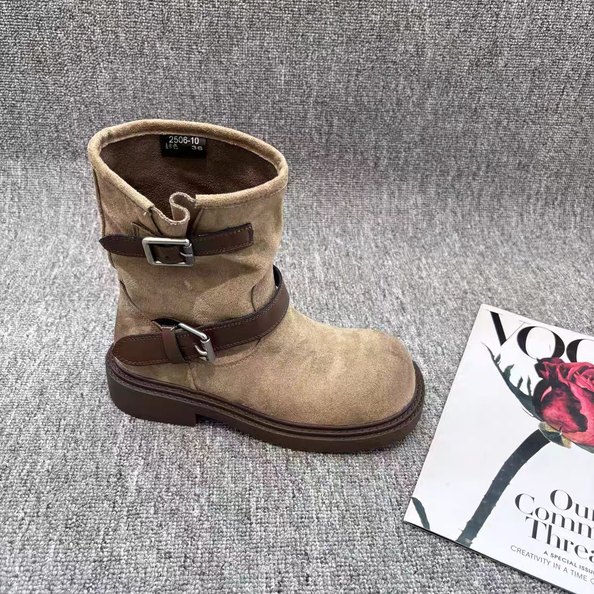 高级感中筒靴2025新款秋季小众设计擦色短靴511-7796-001