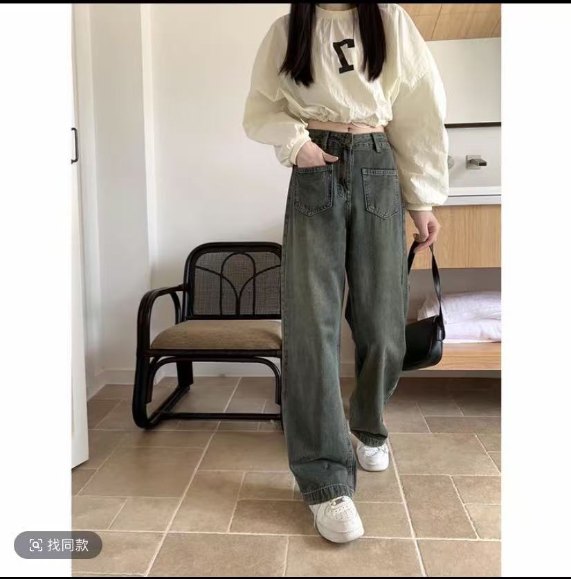 大码美式怀旧复古贴袋牛仔裤女高腰百搭宽松直筒阔腿裤子大码女装