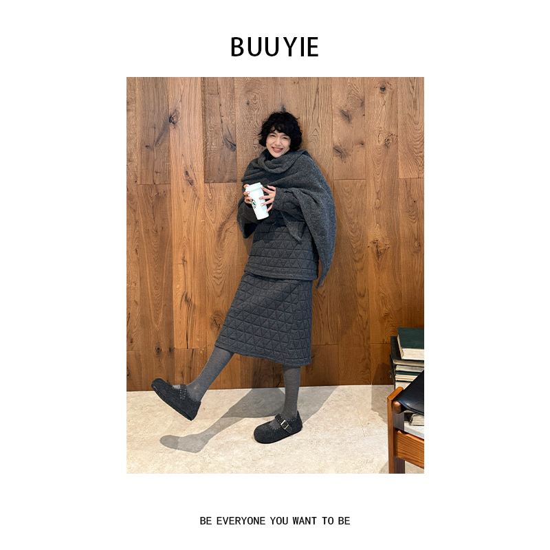 BUUYIE【菱暖】高级感两件套秋冬装上衣+半裙时尚休闲套装251051