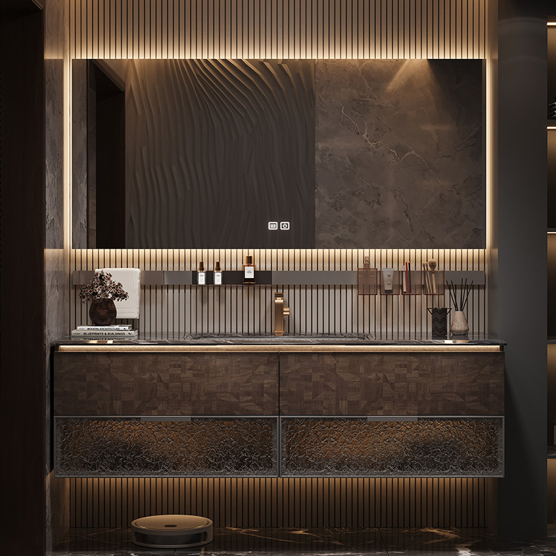 新款现代轻奢智能浴室柜酒店风卫生间奢石台下盆岩板热弯一体盆